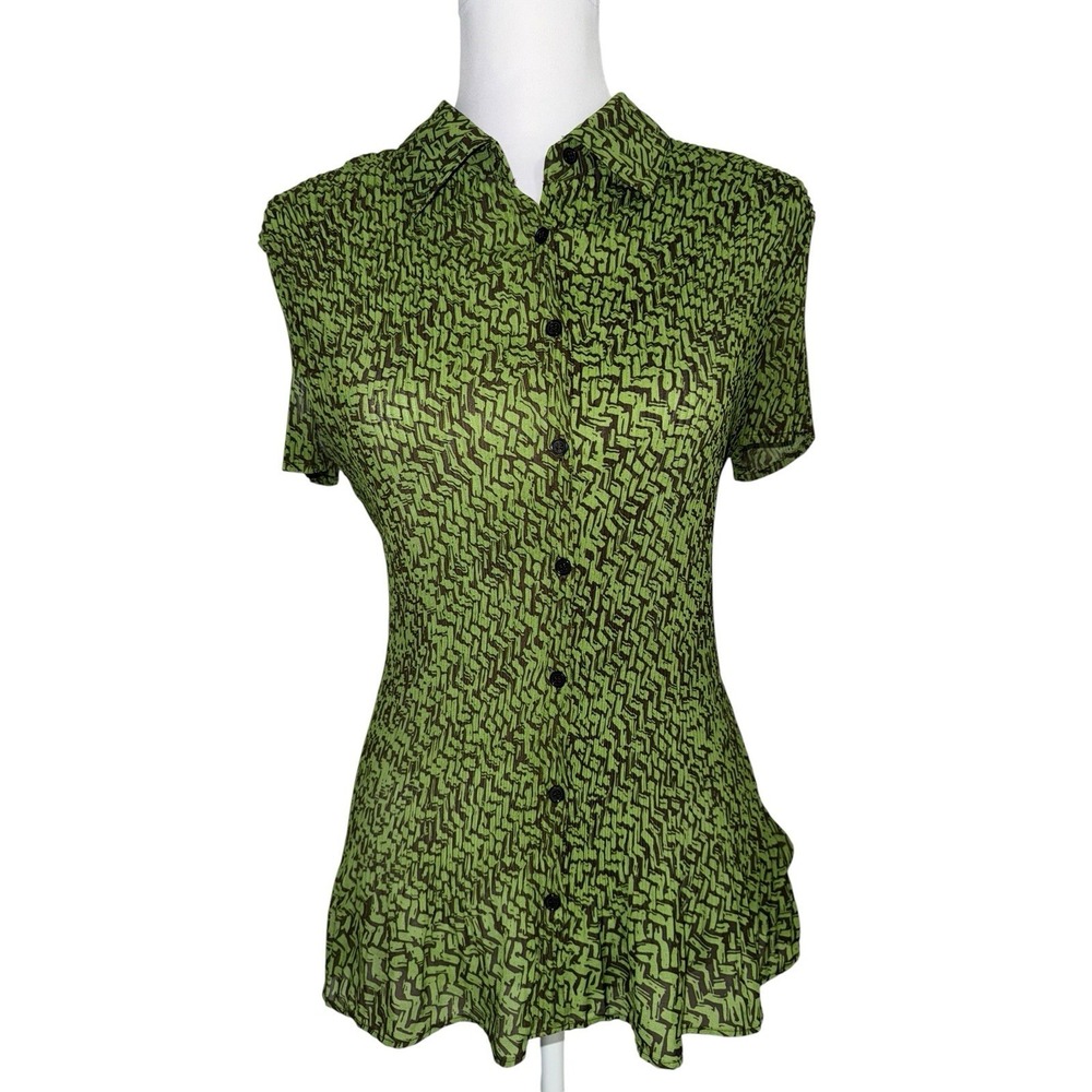 Apt. 9 XL Green Abstract Print Button Front Blouse Short Sleeve Career Top Retro